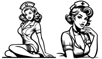 nurse pin-up girl vintage style, black silhouette vector, woman shape print, monochrome clipart retro pin up illustration, laser cutting engraving nocolor