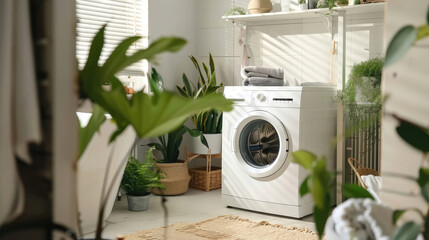 White Laundry Room Interior with Modern Washing Machine