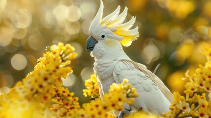 A white bird with yellow feathers standing in a field of yellow flowers. Ideal for nature and wildlife concepts - Powered by Adobe