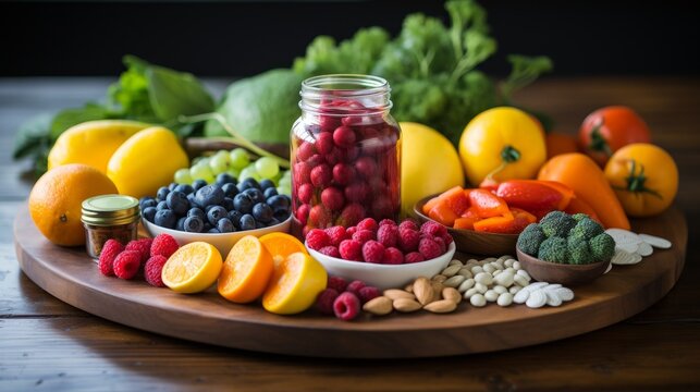 A vibrant image showcasing a variety of colorful fruit and vegetable power supplement capsule.