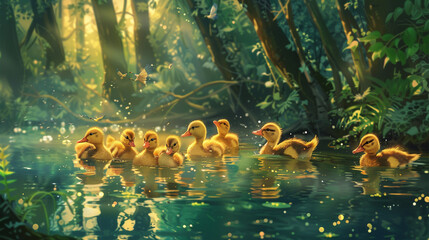 A group of adorable ducklings waddling through a sparkling emerald pond, surrounded by a canopy of tall trees. - obrazy, fototapety, plakaty