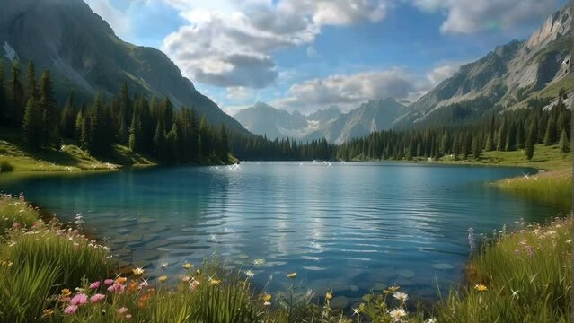 lake and mountains, background, 4k, animation video, seamless looping, footage, generative ai