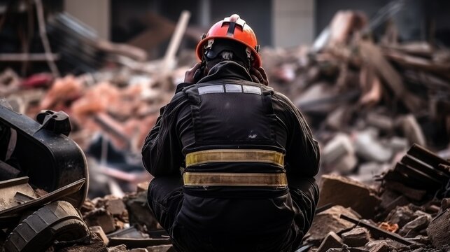 A weary rescue worker sits, head in hands, symbolizing disaster fatigue
