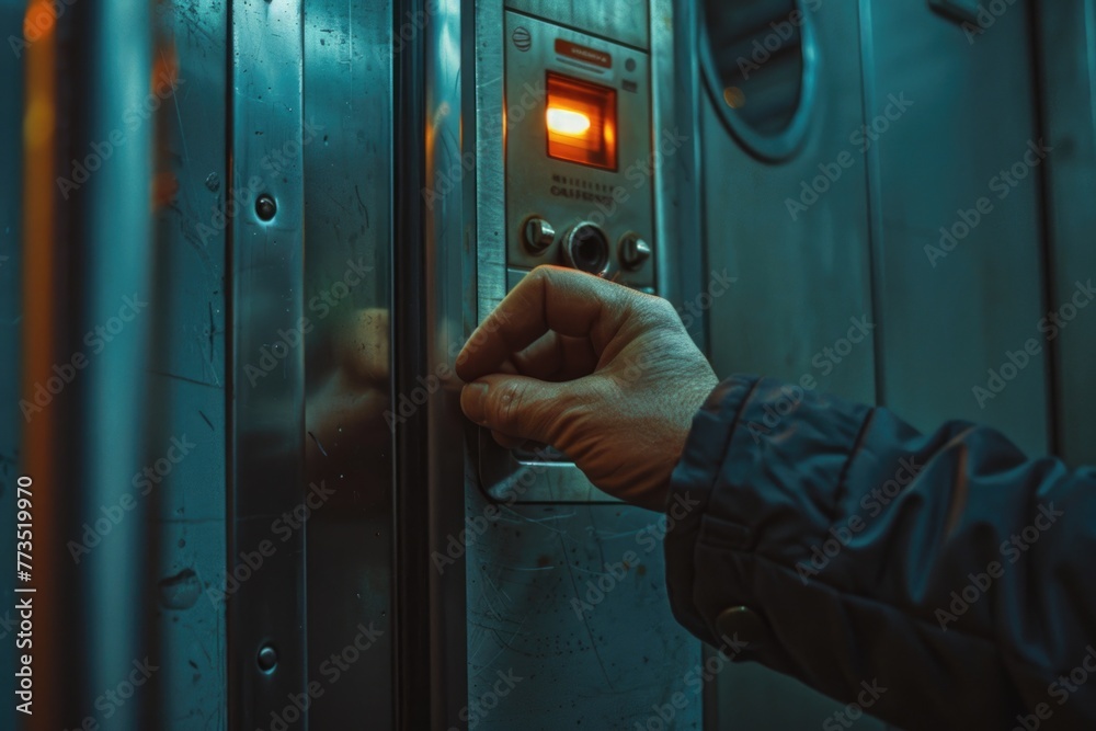 Poster a person pressing a button on an elevator. suitable for transportation concepts