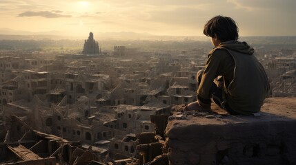 A young boy sits on a ledge, gazing at a city in ruins  - obrazy, fototapety, plakaty