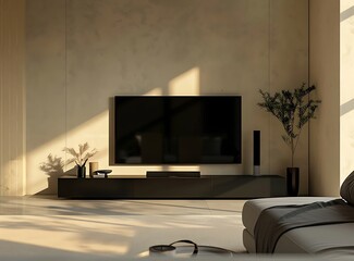 Modern living room interior with a black TV screen on the wall at night, mockup template stock photo for a web banner or social media ad
