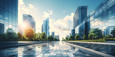 panoramic view of modern city with skyscrapers and reflection - obrazy, fototapety, plakaty