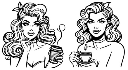 drinking coffe pinup woman retro style, black vector nocolor silhouette, pin up girl vintage monochrome clipart illustration, laser cutting engraving old style, comic character design