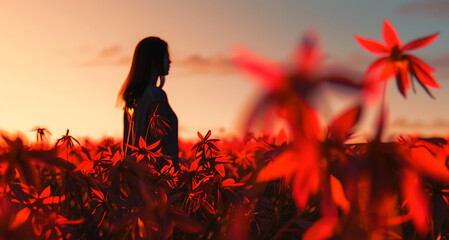women in a flower garden at sunset. beautiful view.Ai generatd.nature view