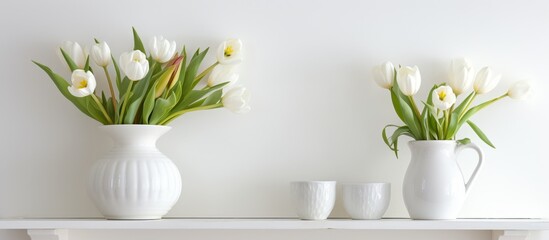 Two decorative vases with vibrant flowers are placed on a wooden shelf alongside a small ceramic cup