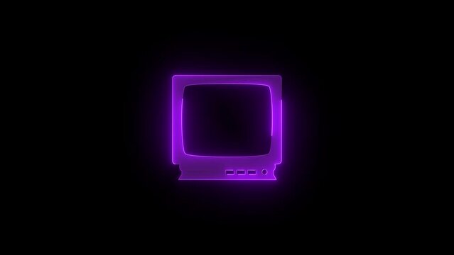 Television receiver icon glowing neon purple color animation black background