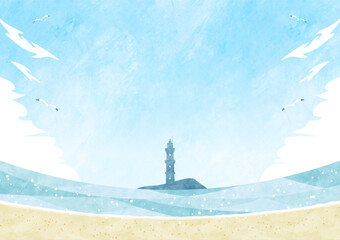 夏の海の水彩背景フレーム 砂浜と青空のビーチの風景イラスト