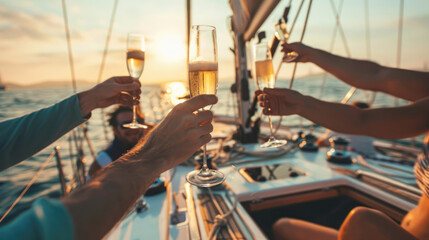 Sea Voyage Celebration, Friends Toasting with Champagne on Yacht - obrazy, fototapety, plakaty