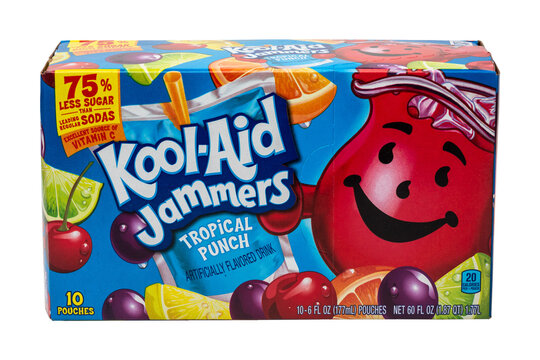 Box of Kool-Aid brand jammers tropical punch artificially flavored drink isolated on a transparent background PNG