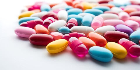 Colorful pills and capsules on blur background. 3d illustration.