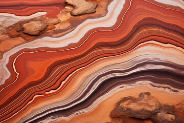 Aerial view of a mesmerizing wavy red and white striped rock formation with intricate patterns and textures from natural erosion, showcasing captivating landscape beauty