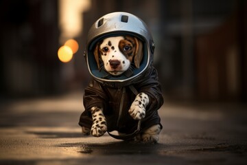 Dalmatian puppy wearing a shiny silver motorcycle helmet and stylish black leather jacket, looking fearless and confident as it stands proudly on the pavement with a blurred urban background