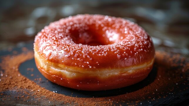 A closeup image of a glazed doughnut isolated on dark background with display, whole and side views. A full frontal view. Lifestyle studio.