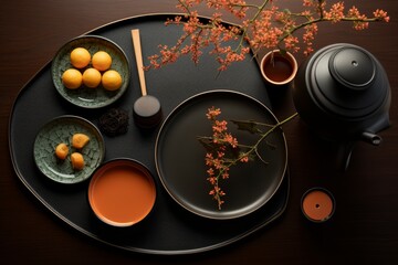 A still life image of black and orange ceramic tableware with tea and sweets on a black table. The image is taken from a top-down perspective and the objects are arranged in a visually pleasing way.