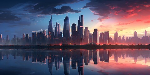 panoramic view of modern city with skyscrapers and reflection - obrazy, fototapety, plakaty