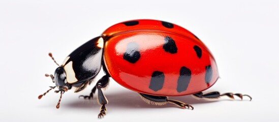 The image shows a close-up of a ladybug with distinct black spots on its red back, showcasing the intricate details of nature's tiny creature