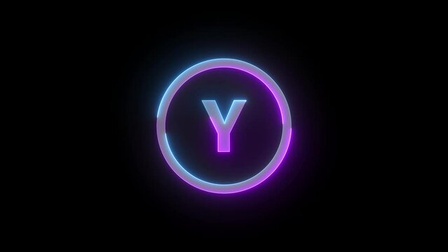 Neon button Y icon cyan purple color glowing animation black background