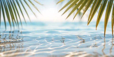Tropical beach background with palm leaf. Copy space for text - obrazy, fototapety, plakaty