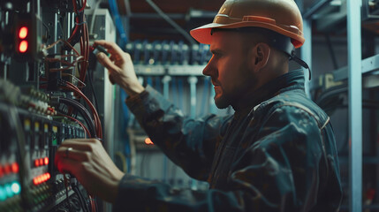 Close-Up of Electrician Repairing Wiring in Switchboard - obrazy, fototapety, plakaty