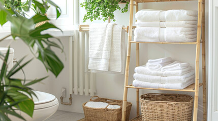 Fototapeta na wymiar A ladderstyle bamboo shelving unit ideal for storing bath towels and keeping them within easy reach while taking up minimal space . .