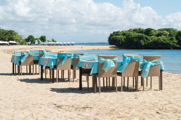 Beachside Dining Setup with Turquoise Decor, Bali.