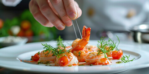 Close-up of a chef's hand decorating shrimp with dill
