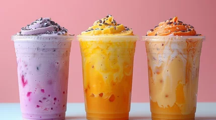 Fototapeten Creative dining food concept. Colorful milkshake shake smoothie isolated on pastel background. cafe, menu, copy space. © DZMITRY