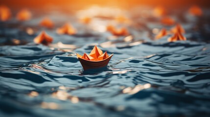An orange paper boat is floating on the water - obrazy, fototapety, plakaty