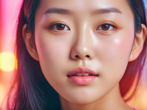 Radiant Beauty: Asian Woman Glowing with Vibrant Colors. generative AI