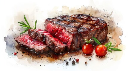 Delicious sliced juicy ribeye fillet mignon steak for poster or menu. Cafe. Closeup view.