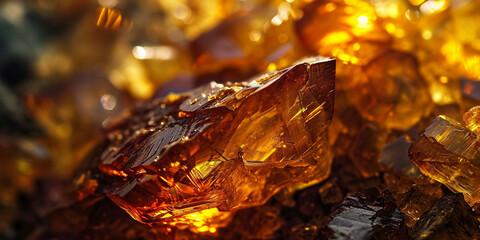 Closeup of golden amber mosaic as background or texture. Abstract orange red liquid glass gem...