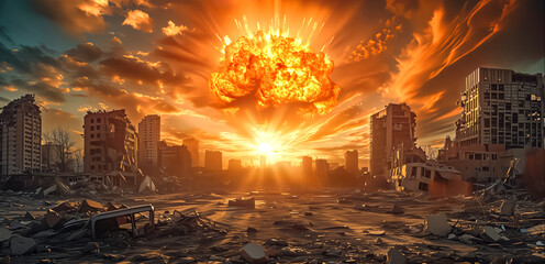 Modern city devastated by explosions. explosion nuclear bomb in a city. futuristic background	