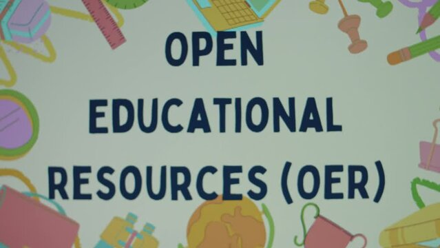 Open Educational Resources inscription on background with school supplies appearing one by one. Teaching, learning and research materials accessible for use. Education concept. Blurred
