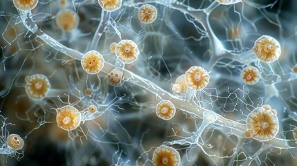 A highly magnified image of a group of mushroom spores each one delicately attached to the end of a long branching hyphae fungal filament. - obrazy, fototapety, plakaty