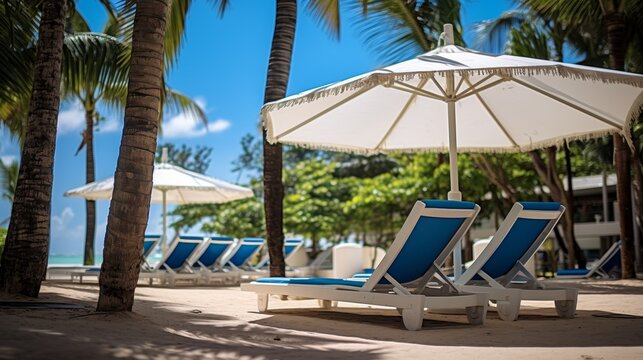  Beach chairs loungers with umbrellas were available near hotel swimming pool