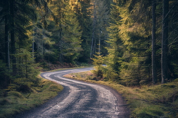 A rural road through a forest. - obrazy, fototapety, plakaty