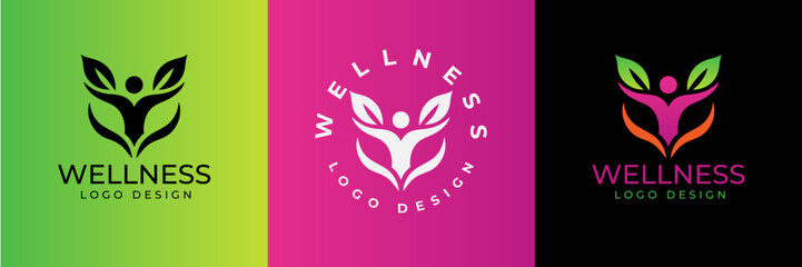 Obraz premium Wellness and healthy logo design. Wellness health spa line icon. Meditation symbol. women and men figure with leaves. 