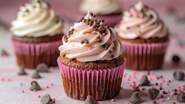 The image depicts chocolate cupcake muffins with cream frosting sprinkles on a pink background. This template is suitable for presenting products. Contains a copy text space banner.