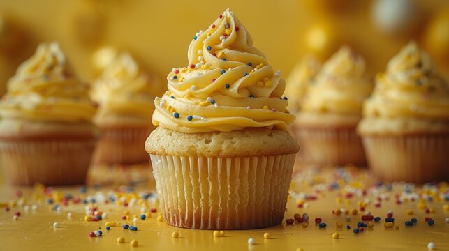 Featured image is of butter cupcake muffin with cream frosting sprinkles on yellow background. The template can be used for displaying products as a presentation.
