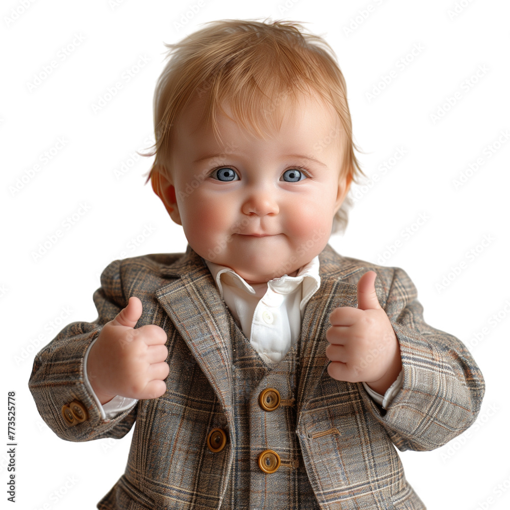 Wall mural baby wearing cute neat suit with thumbs up, concept of agreeing and approving. for business, backgro