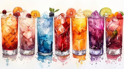 A selection of different alcohol cocktail mocktails isolated on a white background cutout. - obrazy, fototapety, plakaty