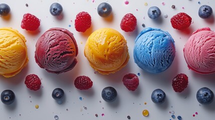 Cutout of ice cream scoop ball with fruits topping. Many different flavours of ice cream for artwork design mockup. - obrazy, fototapety, plakaty