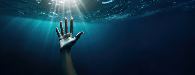 A solitary hand emerges from the deep blue sea, reaching towards streaming sunlight. Beneath the...