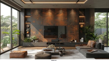 Dark large rustic grunge empty wall living room with blank television TV frame furniture decoration. Banner template for product presentation. Mock up 3D rendering.