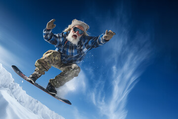 senior Snowboarding in jump on sky background.